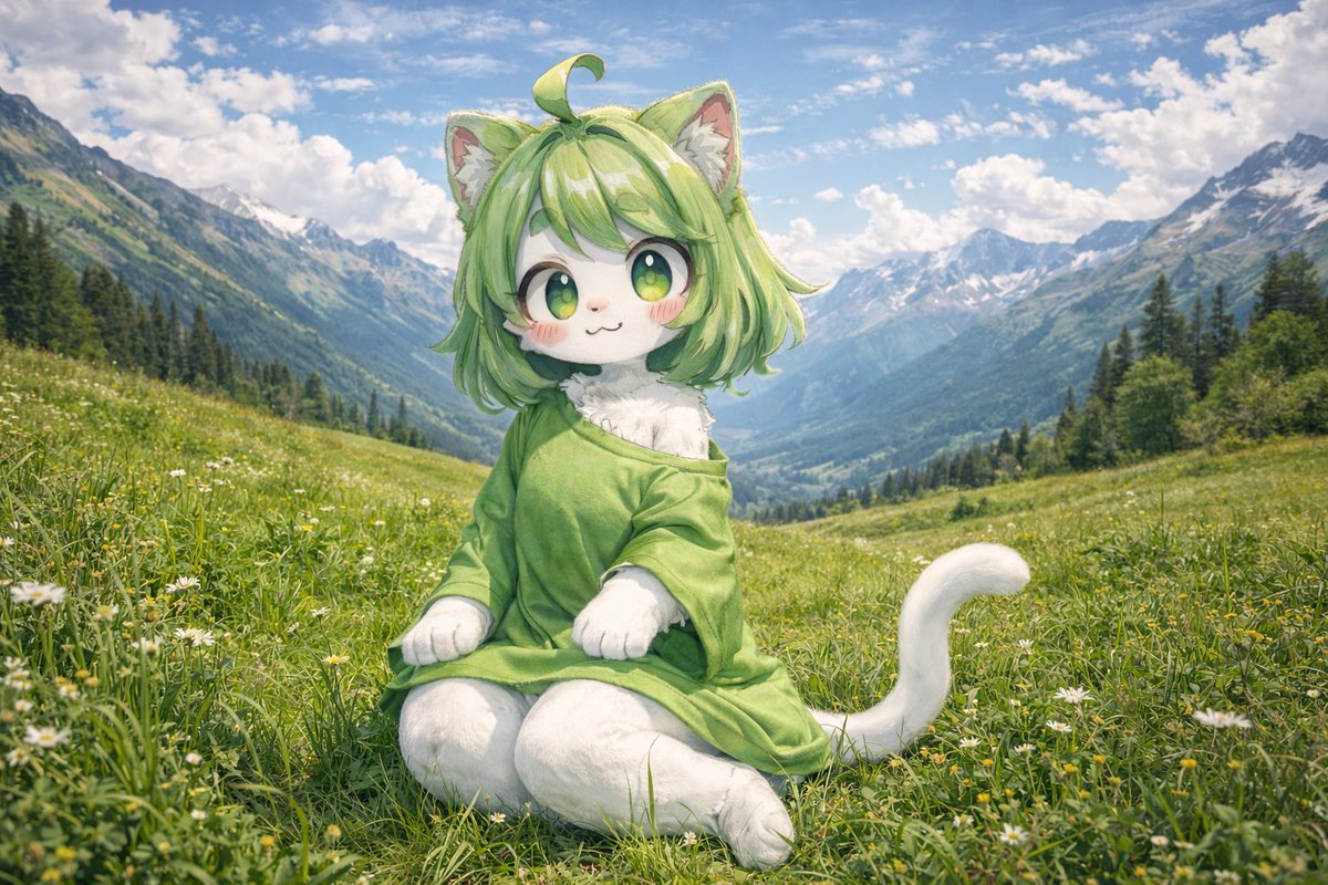 阿尔卑斯草甸中的写实风动漫猫娘 AI image prompt result