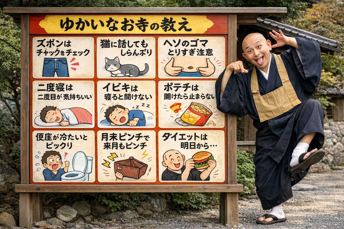 带有搞怪僧侣的趣味寺庙告示牌 AI image prompt result