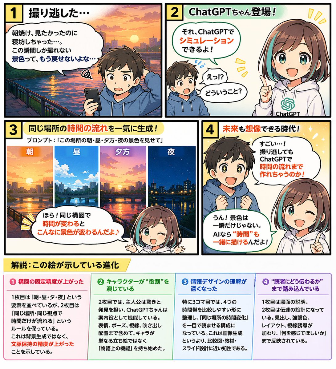 带信息图表的 4 格教育漫画 AI image prompt result
