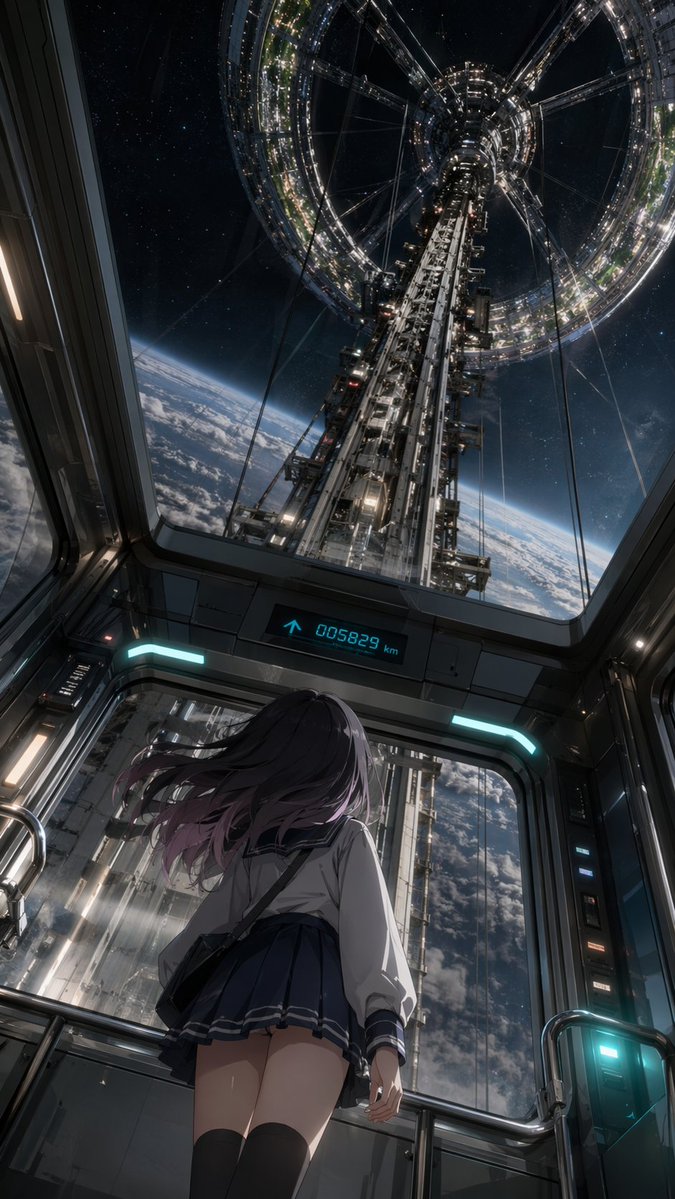 太空电梯里的动漫少女 AI image prompt example