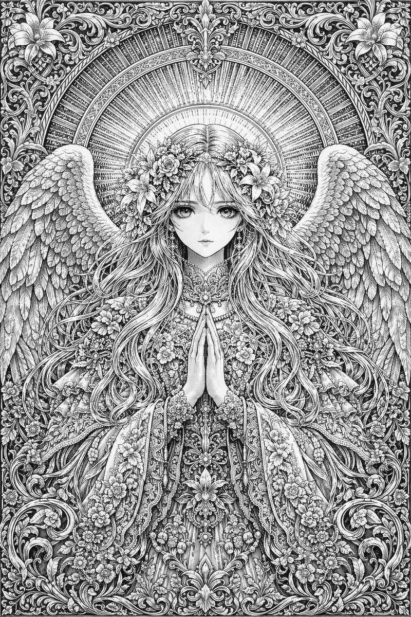 精致单色天使线条艺术 AI image prompt result