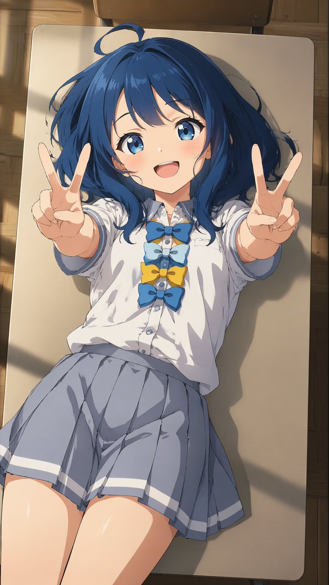 俯视视角动漫少女比耶肖像 AI image prompt example