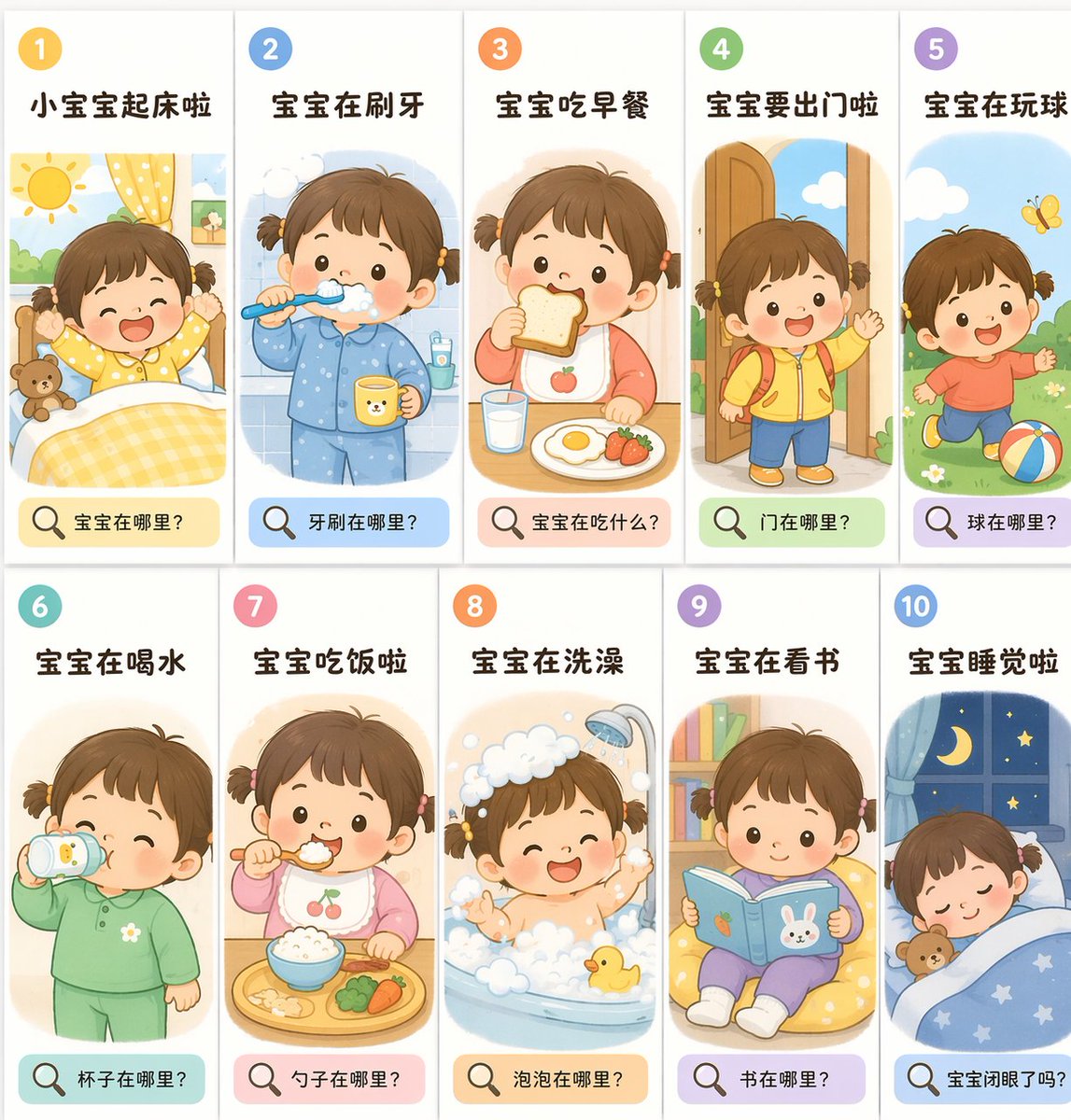 10 格幼儿日常作息闪卡 AI image prompt result