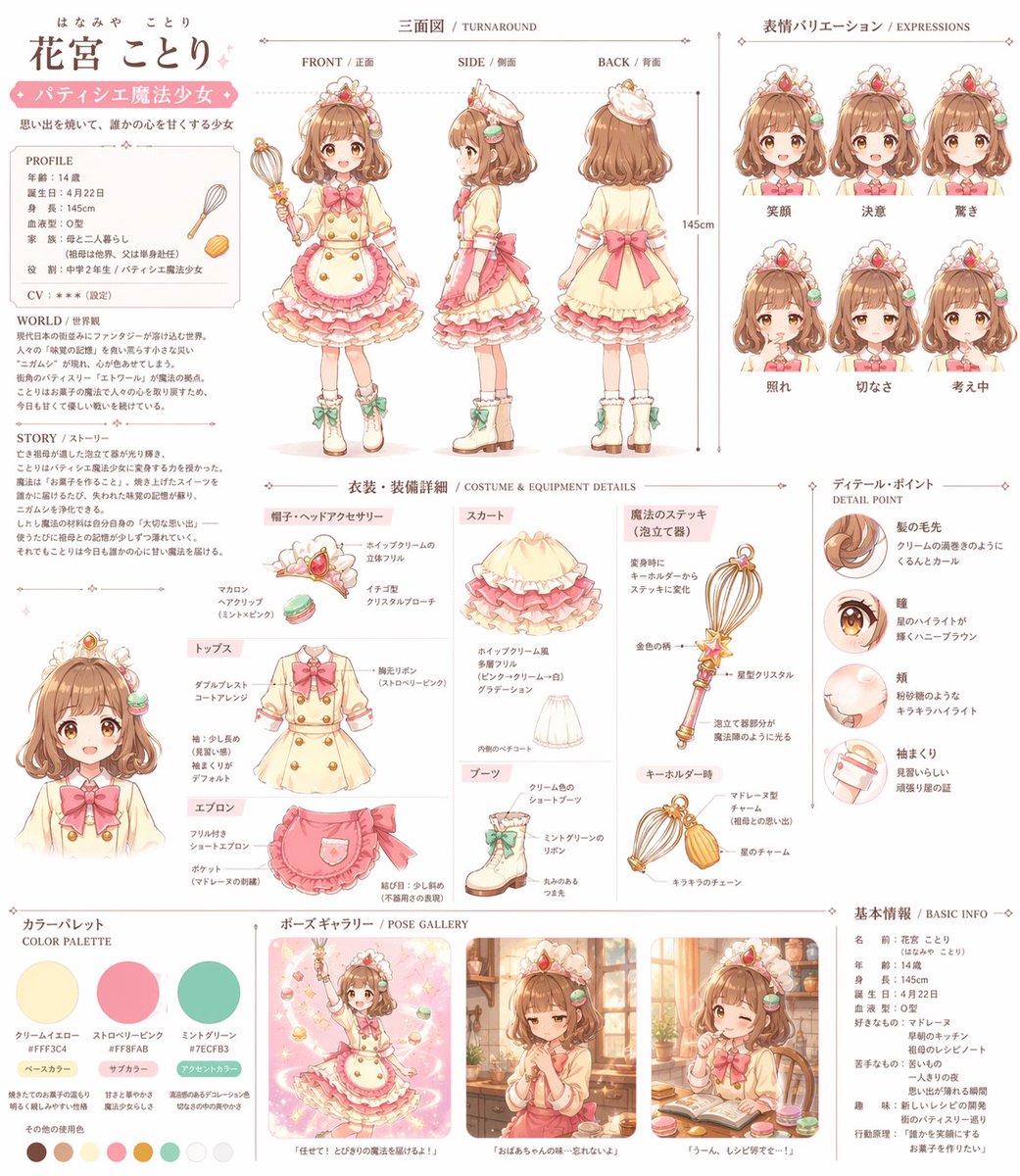 动漫魔法少女角色参考图表 AI image prompt example