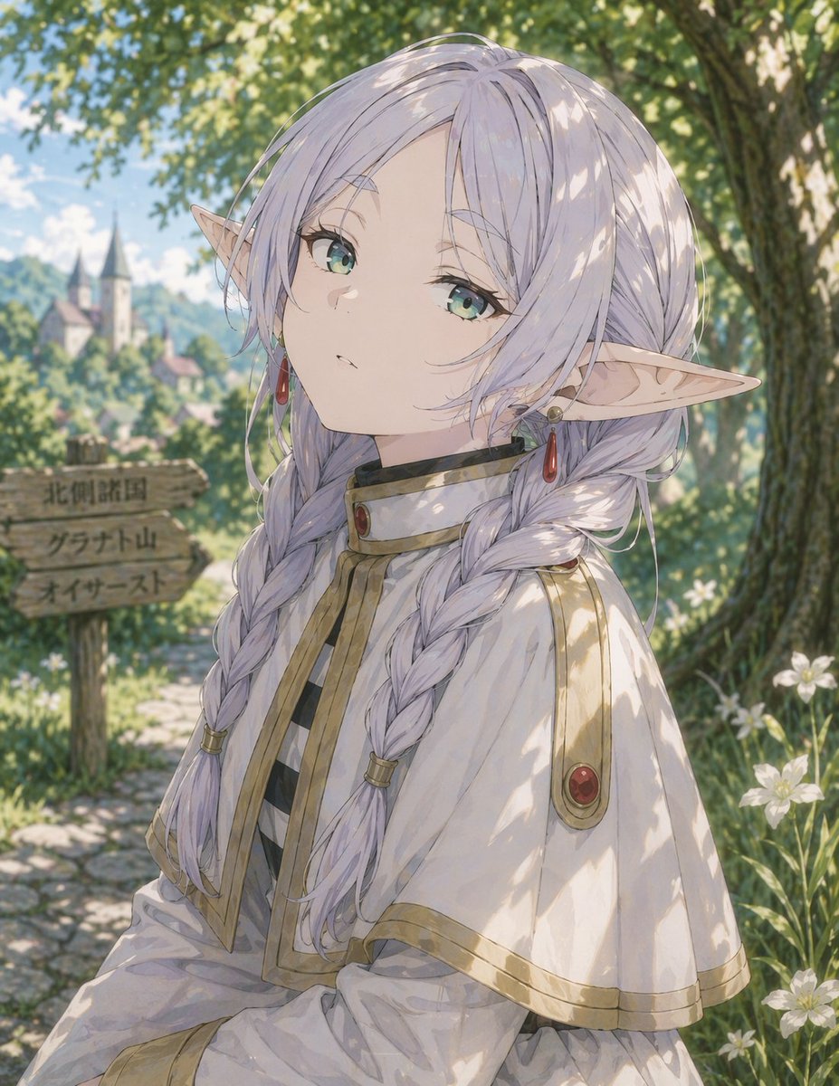 森林小径上的动漫精灵少女 AI image prompt example