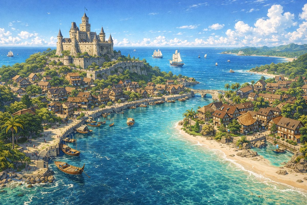 奇幻沿海城市景观 AI image prompt result