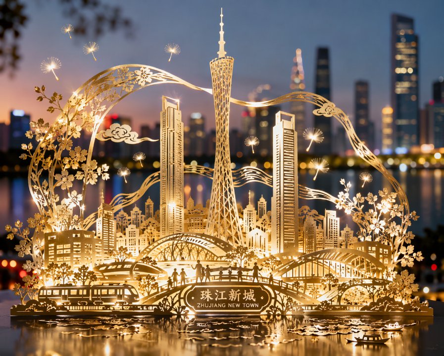 珠江新城剪纸璀璨夜景 AI image prompt example