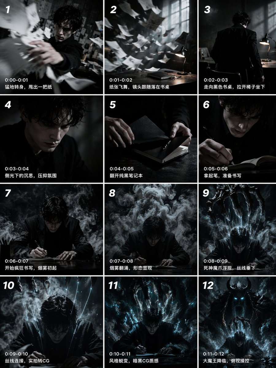 12 格电影级分镜网格 AI image prompt result