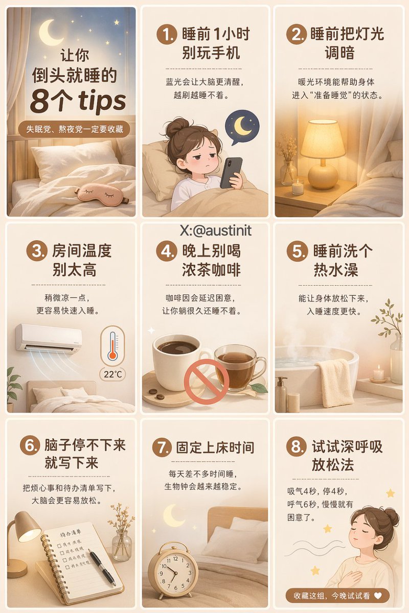 治愈系助眠指南九宫格 AI image prompt example