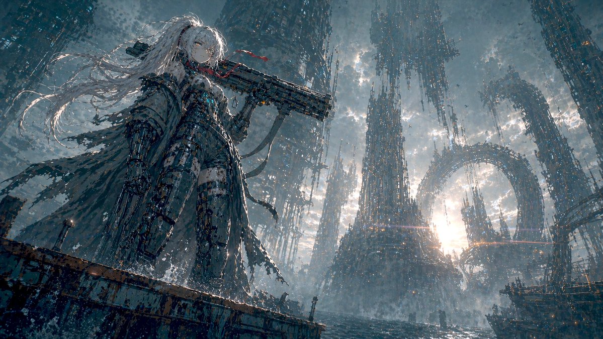 A mecha girl mid-teens, pale skin smudged with soot and salt spray, sharp amber… AI image prompt example
