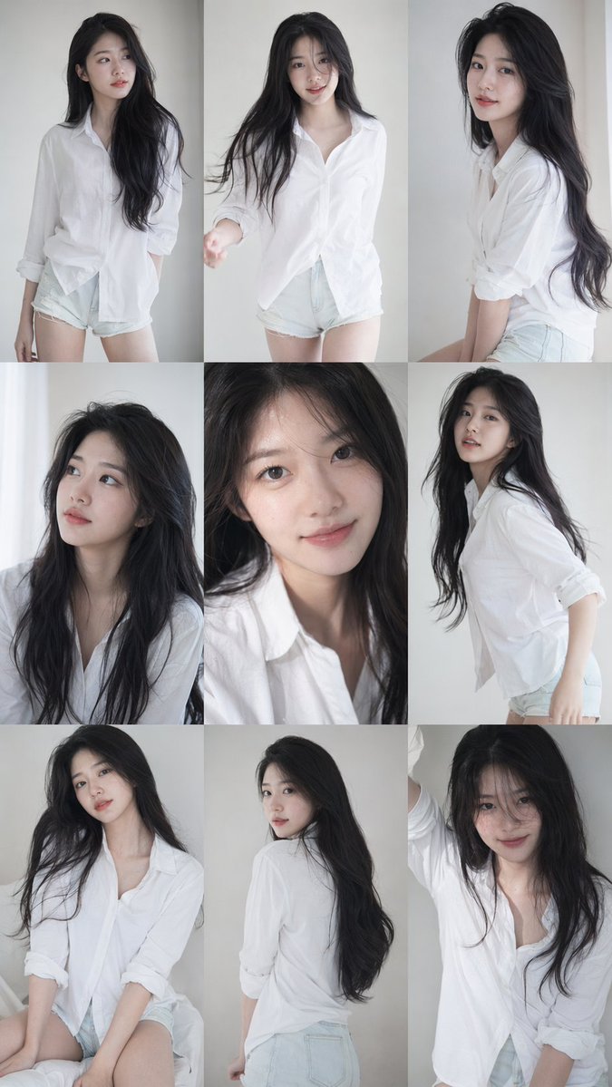 9:16 vertical — a 3x3 grid collage (nine images) forming a Korean idol portrait… AI image prompt example