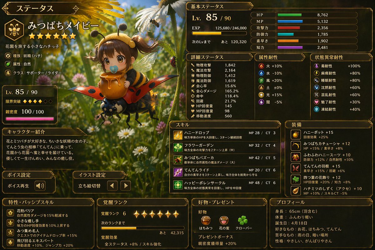 この画像からゲームのステータス画面を作ってください。情報量多め。言語は日本語。 AI image prompt example