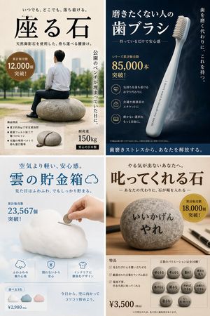 Satirical 4-Panel Product Ads AI image prompt result