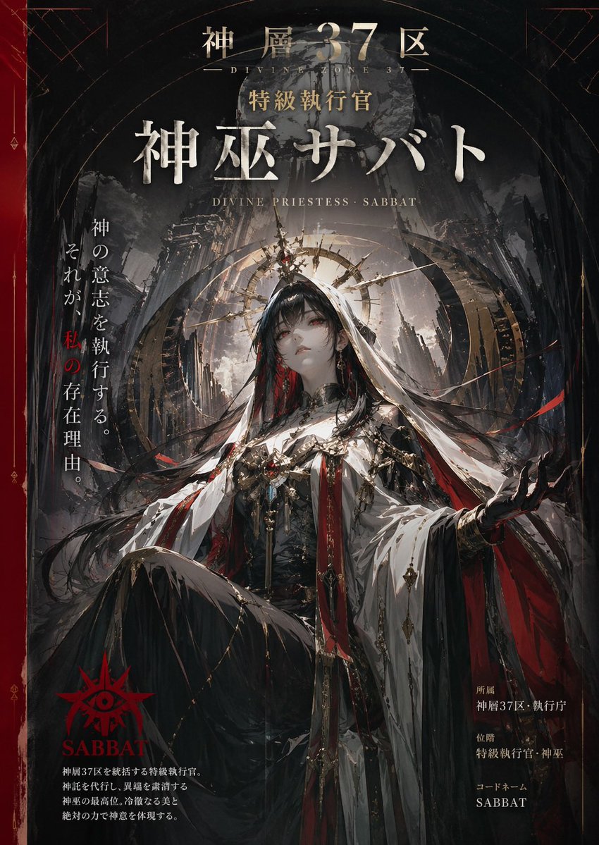 「神層37区 特級執行官 神巫サバト」この名称のキャラクターと世界観に合ったビジュアルイメージを、プロのデザイナーとして縦長のポスターイメージとして制作して AI image prompt example