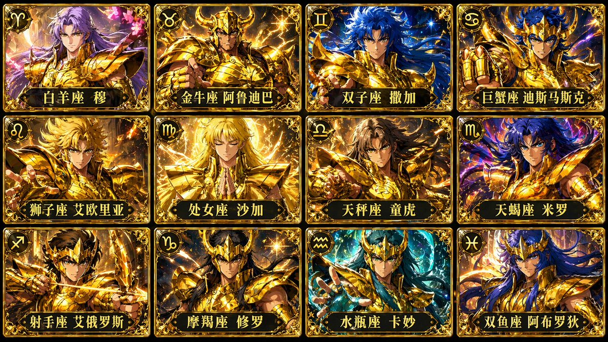 生成圣斗士星矢12个黄金圣斗士的12宫格卡牌图片,每张卡牌上写上对应的中文名,每行4个,宽高比16:9。 AI image prompt example
