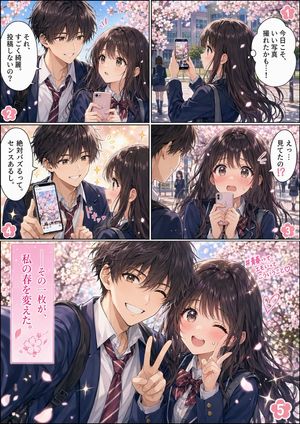 春季校园恋爱漫画页面 AI image prompt example