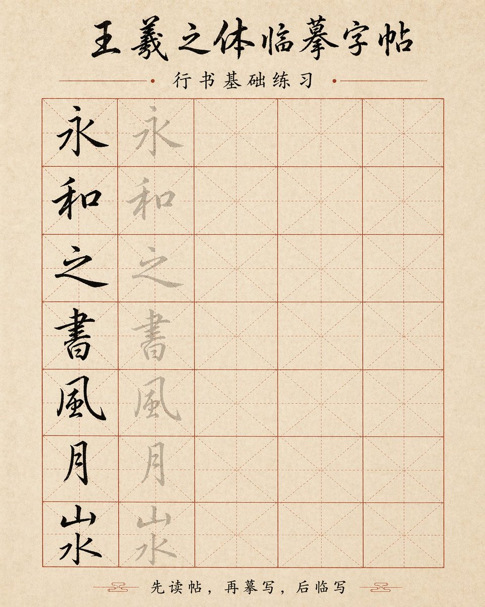 生成一张【字体】书法临摹字帖 AI image prompt example