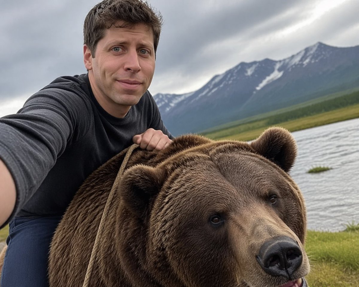 generate image: Selfie of Sam Altman riding a bear AI image prompt example