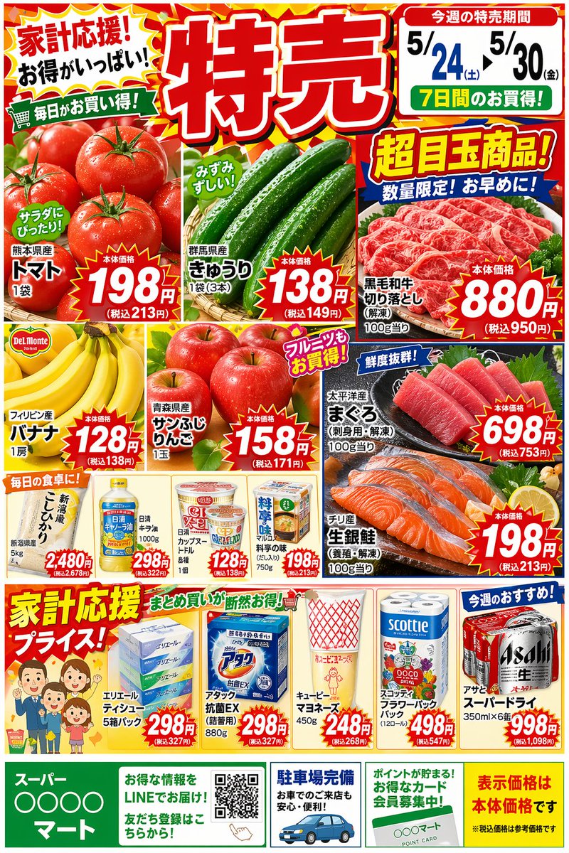 『賑やかで魅力的なスーパーマーケットの折り込みチラシの画像。上部には「特売」の大きな文字と今週の日付。カラフルな商品写真(野菜・果物・牛肉・鮮魚)、赤枠の価格… AI image prompt example