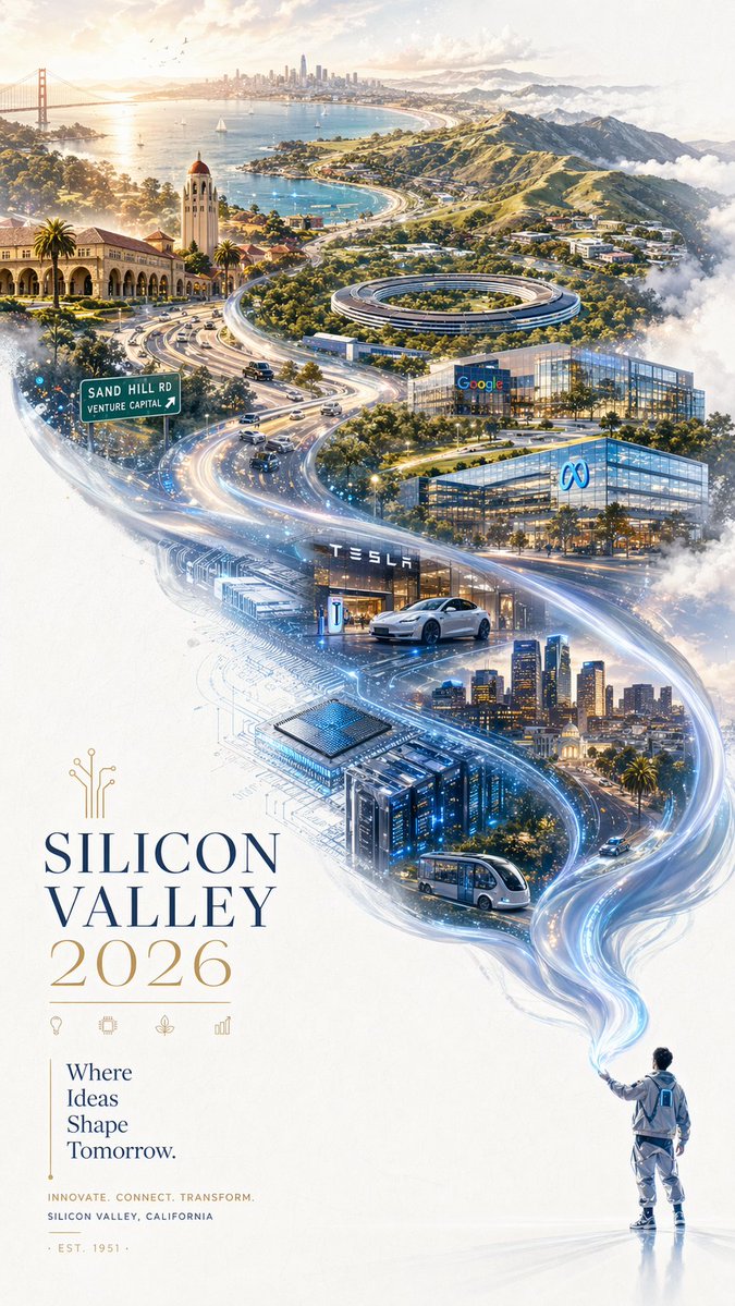 A refined 2026 Silicon Valley city promotional poster with a futuristic yet ele… AI image prompt example