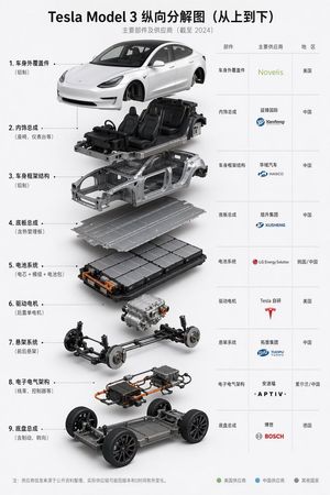 Tesla Model 3 拆解供应商信息图 AI image prompt result