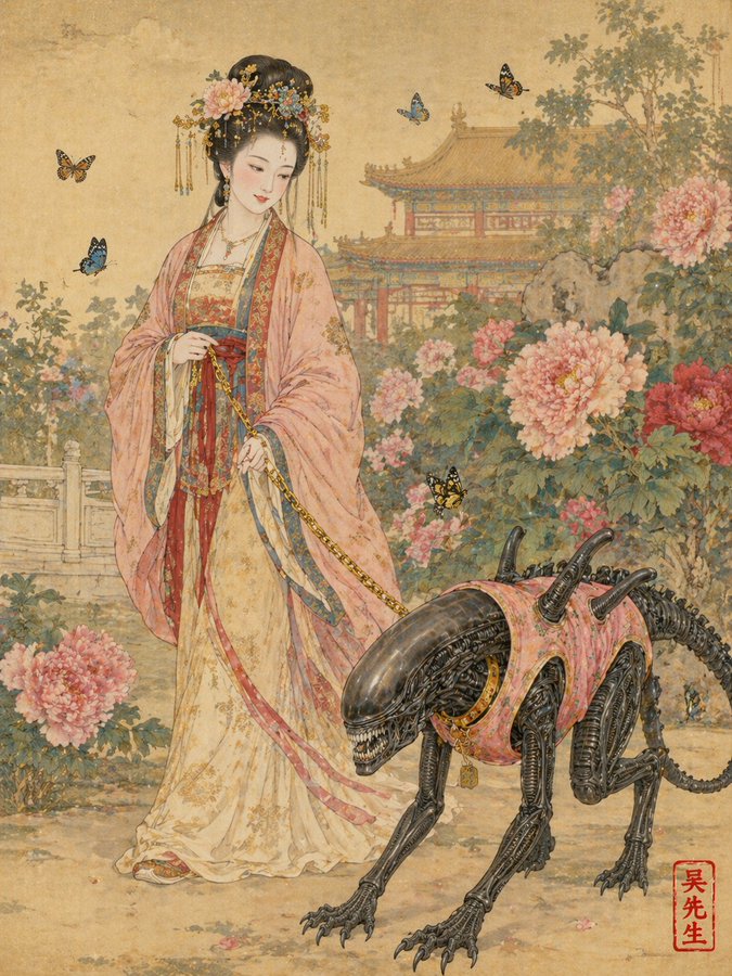 唐朝贵妇遛粉色马甲异形工笔画 AI image prompt example
