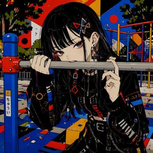 游乐场栏杆旁的哥特风动漫少女 AI image prompt result