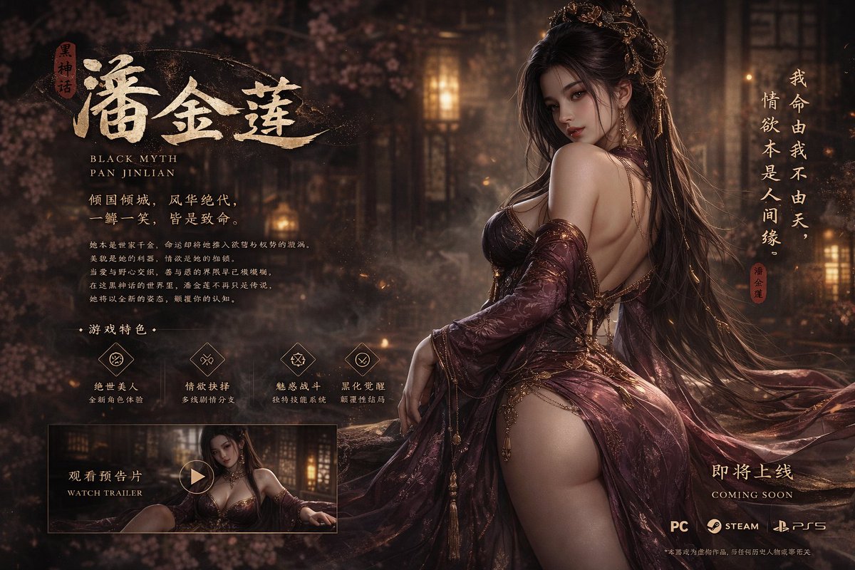黑神话潘金莲绝美游戏封面 AI image prompt example