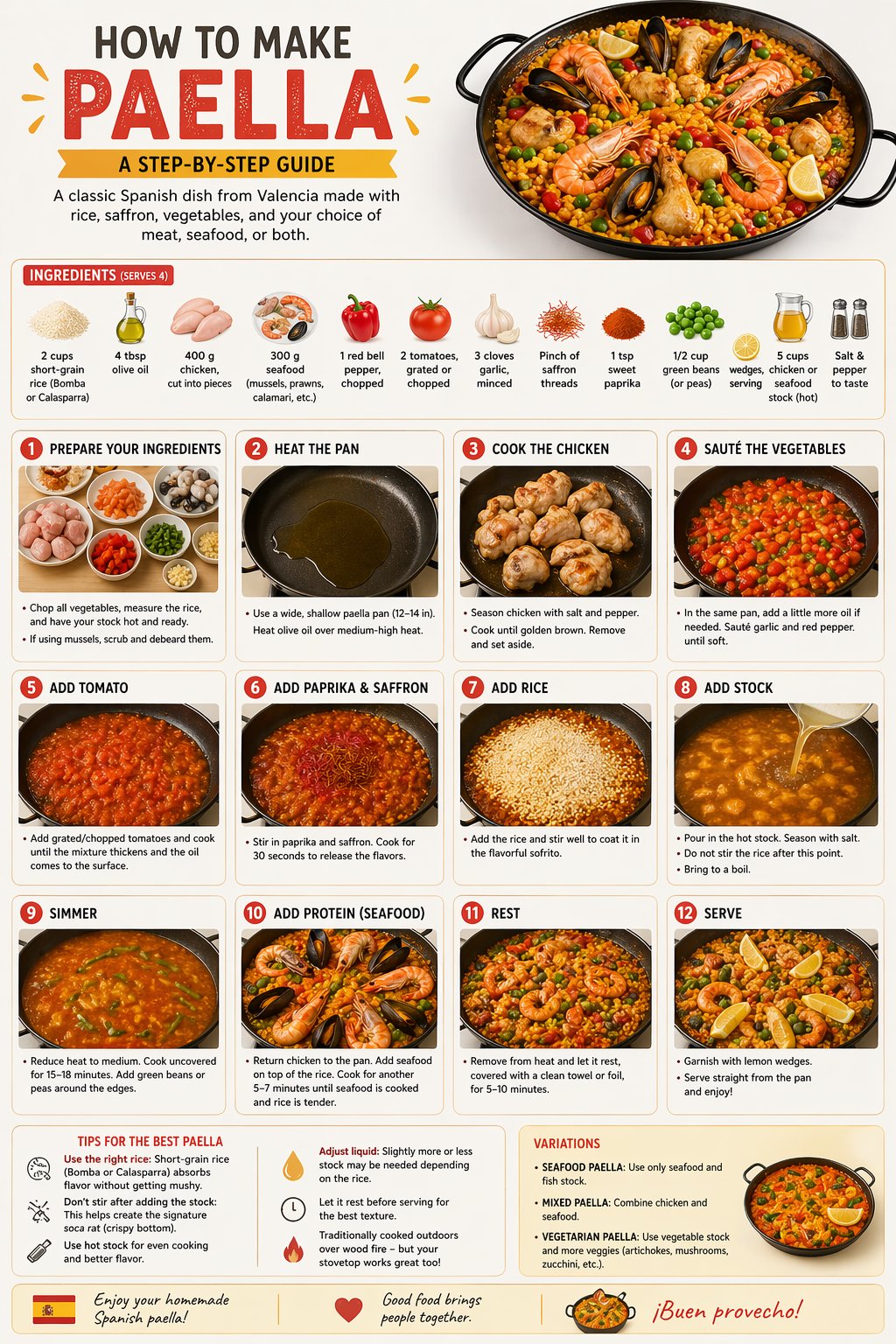 How to make paella: step-by-step guide infographic AI image prompt example