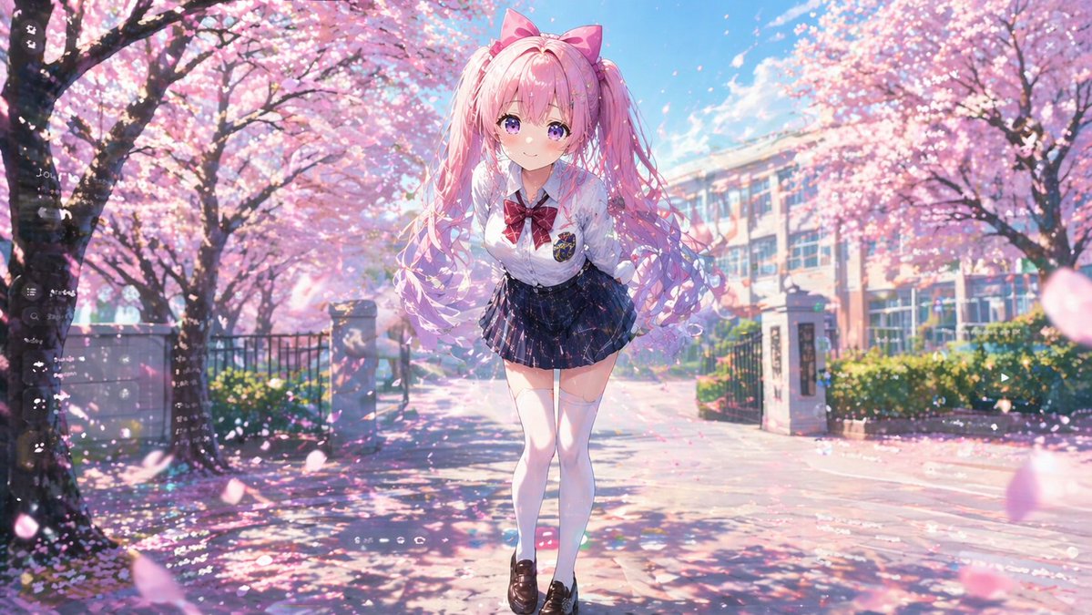 樱花树下害羞双马尾少女 AI image prompt example