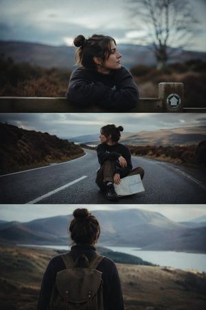 电影感 3 帧单人旅行剧照 AI image prompt result