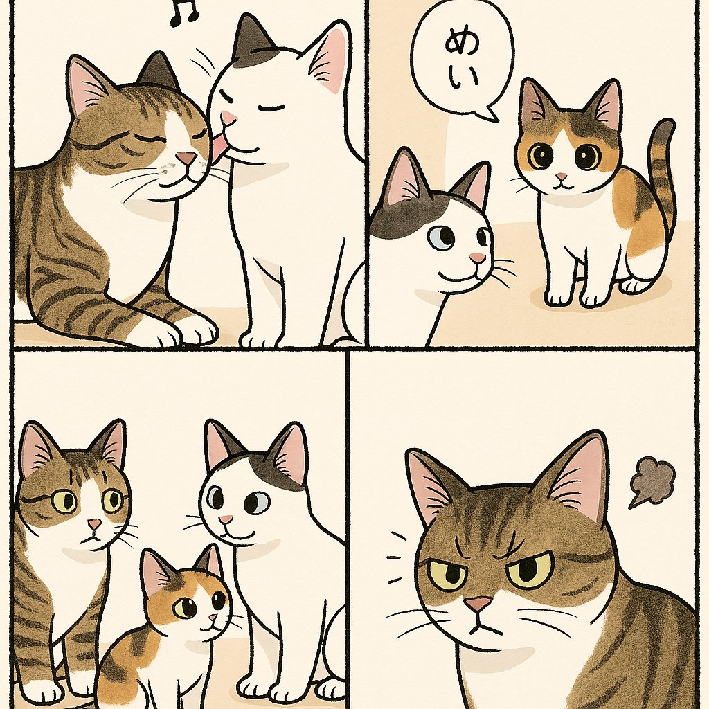 Cute Four-Panel Cat Jealousy Comic AI image prompt example