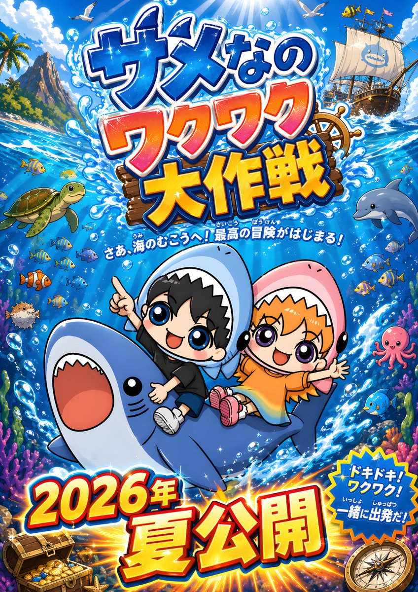 Chibi Shark Adventure Movie Poster AI image prompt example