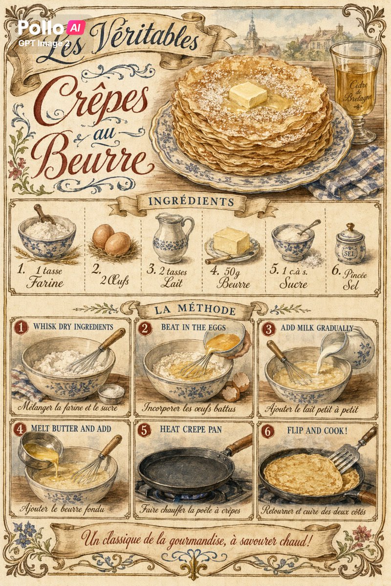 Vintage French Crepe Recipe Poster AI image prompt example