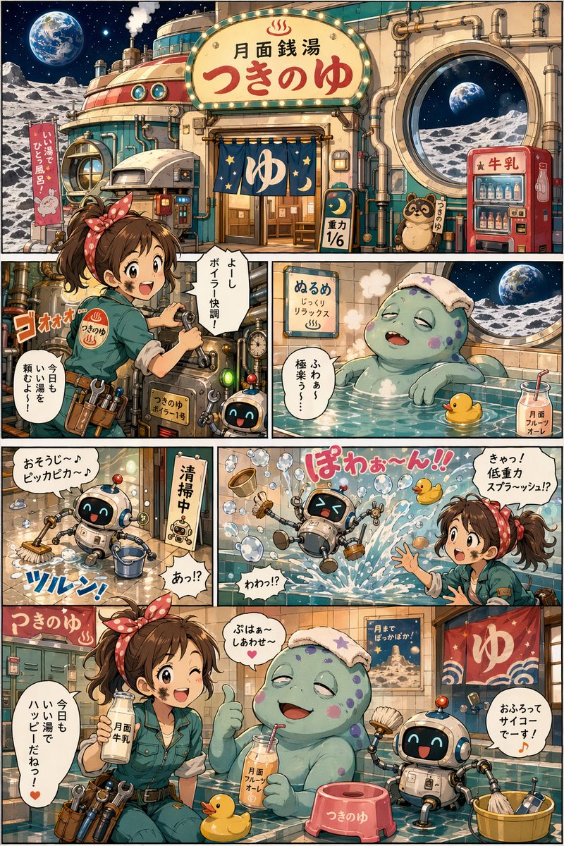 Lunar Bathhouse Comedy Manga Page AI image prompt example