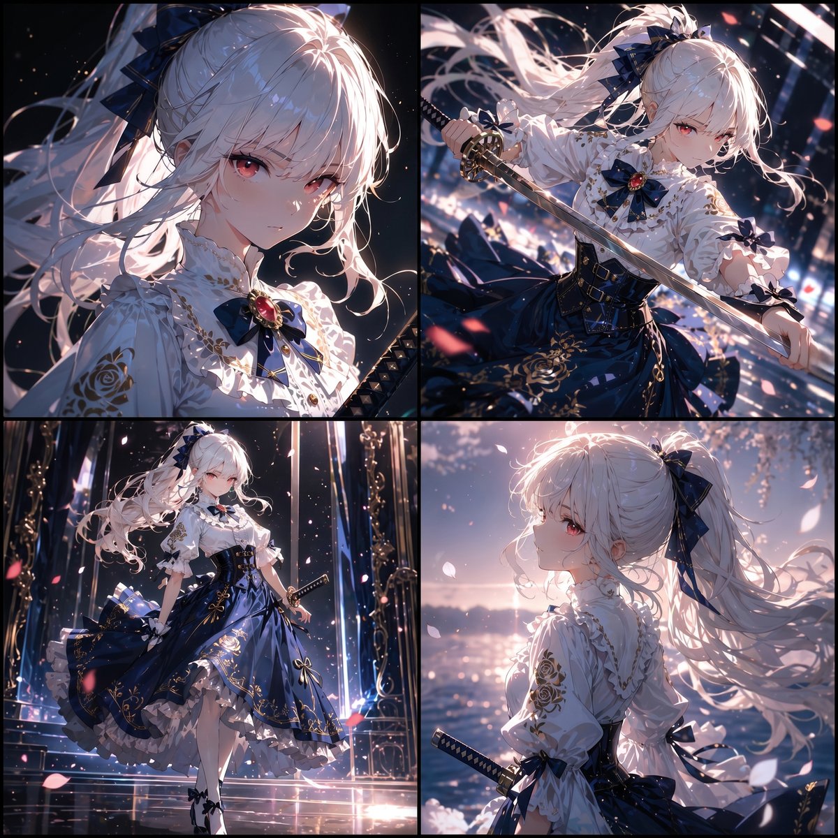 Elegant Anime Swordswoman 4-Panel Sheet AI image prompt example