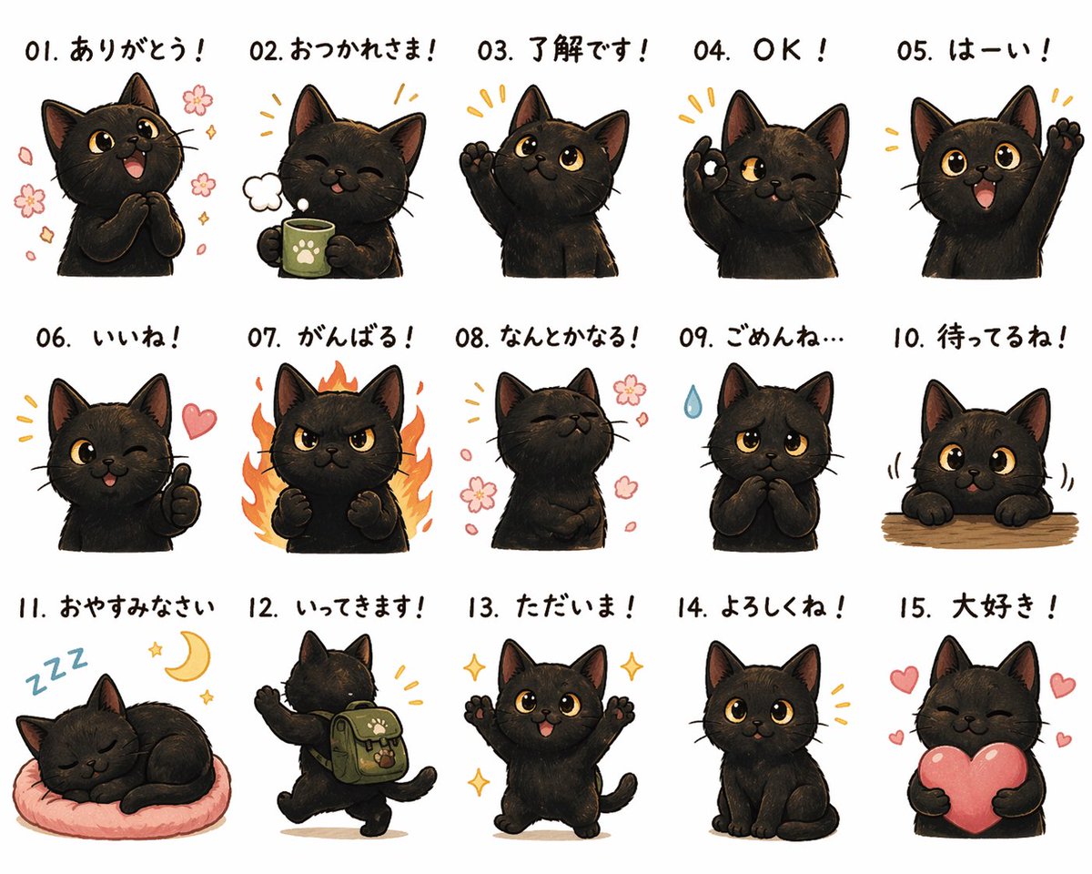 Cute Black Kitten Japanese Sticker Sheet AI image prompt example