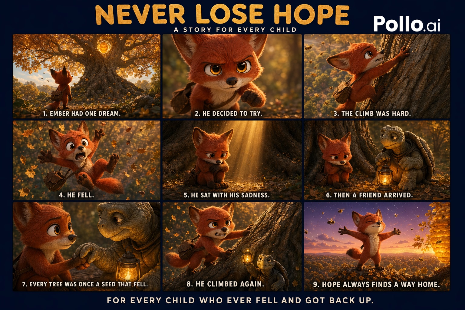 Never Lose Hope — 3×3 Storyboard Poster AI image prompt example