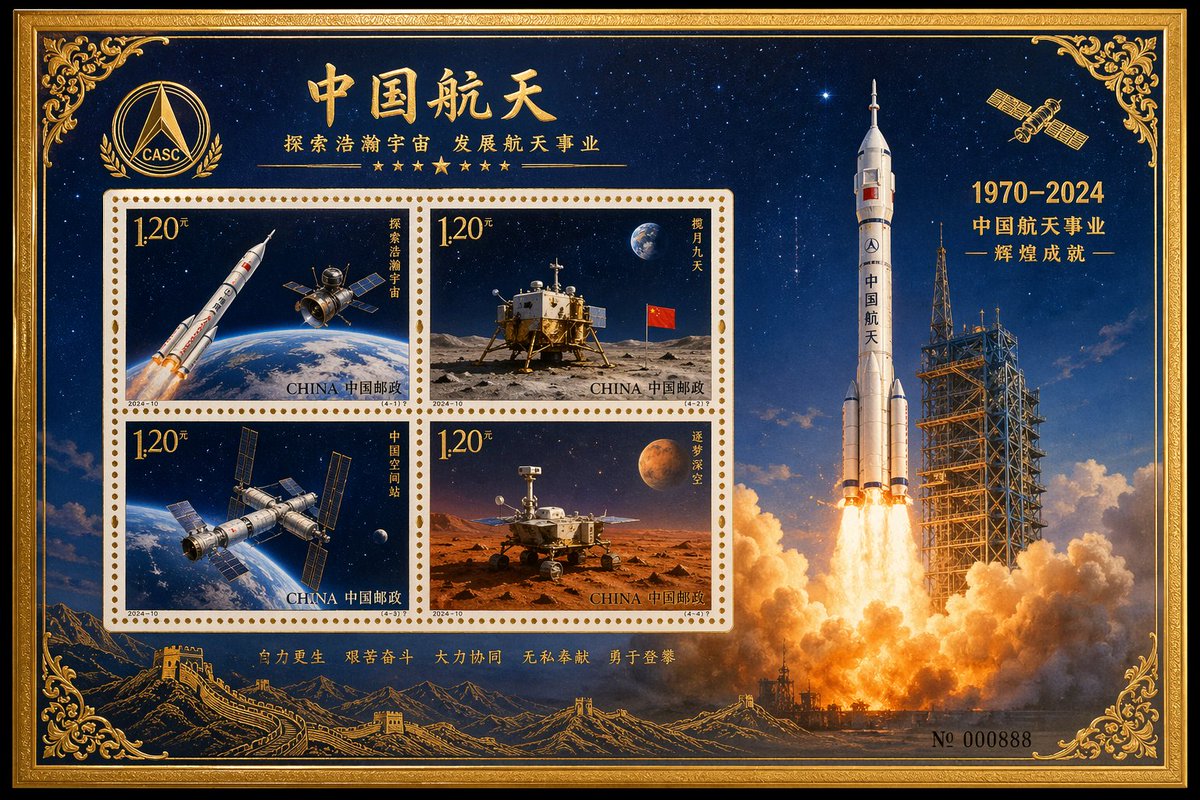 中国航天纪念烫金邮票 AI image prompt example