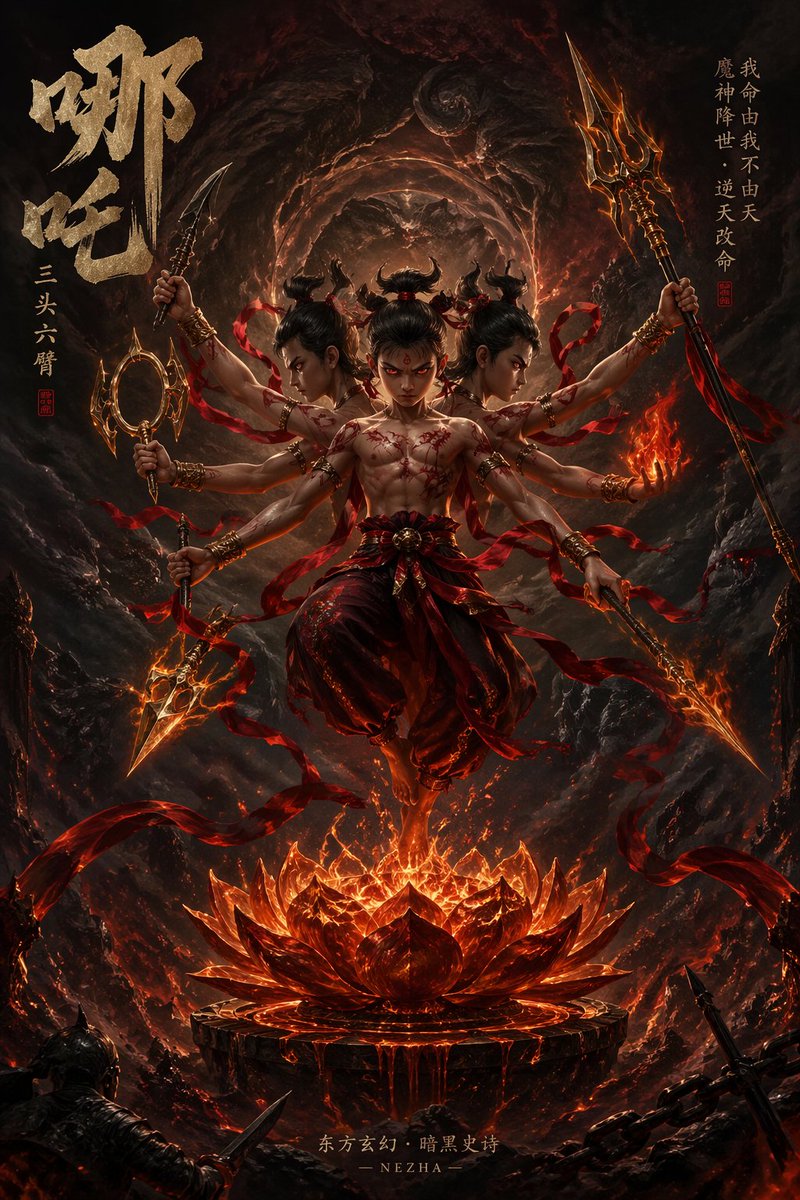 暗黑史诗风哪吒悬浮虚空图 AI image prompt example