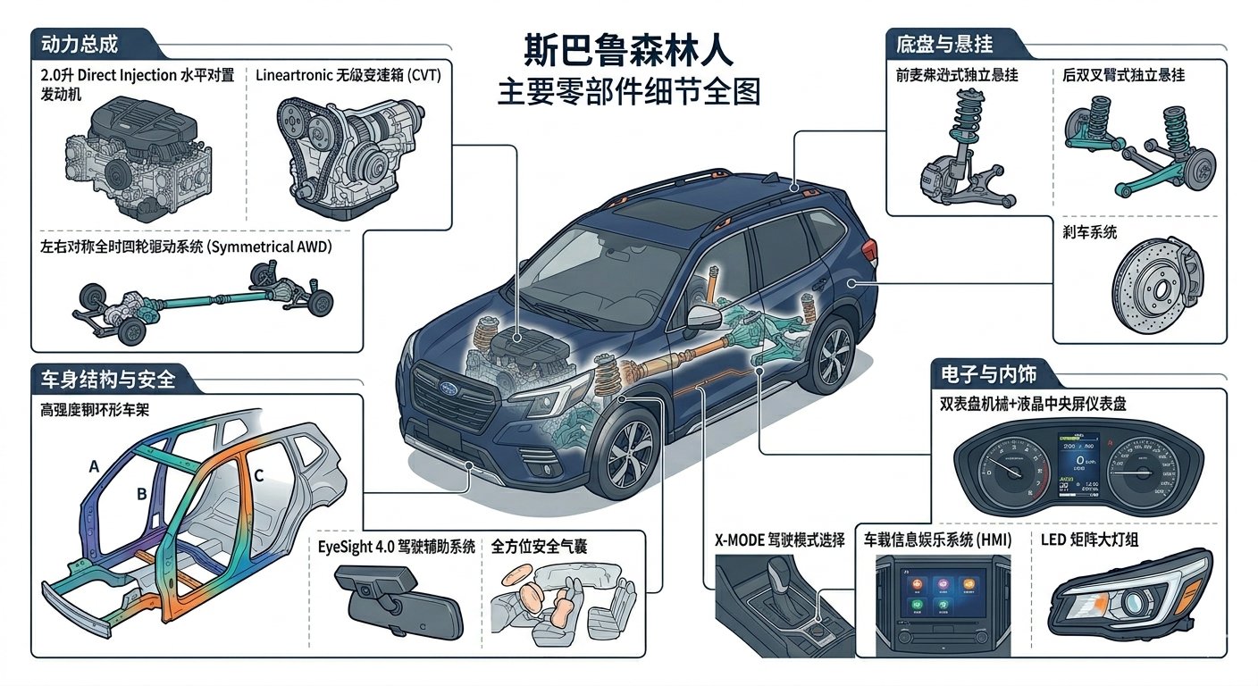 提示词:帮我生成 斯巴鲁森林人黑色 主要零部件 细节全图,周围也加上各模块细节图。发动机是2.0的,仪表盘是两个机械表中间是液晶屏幕,xmode切换是旋钮。 AI image prompt example