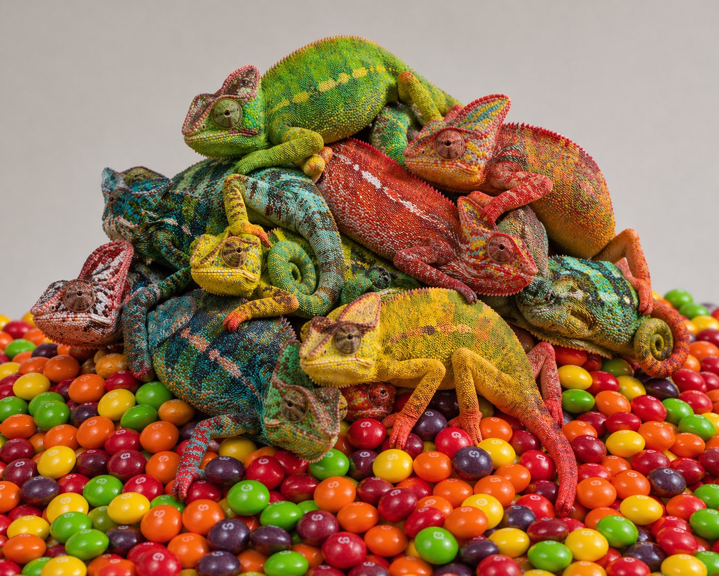 Prompted by my favorite book “Furiously Happy” — a pile of chameleons on top of… AI image prompt example