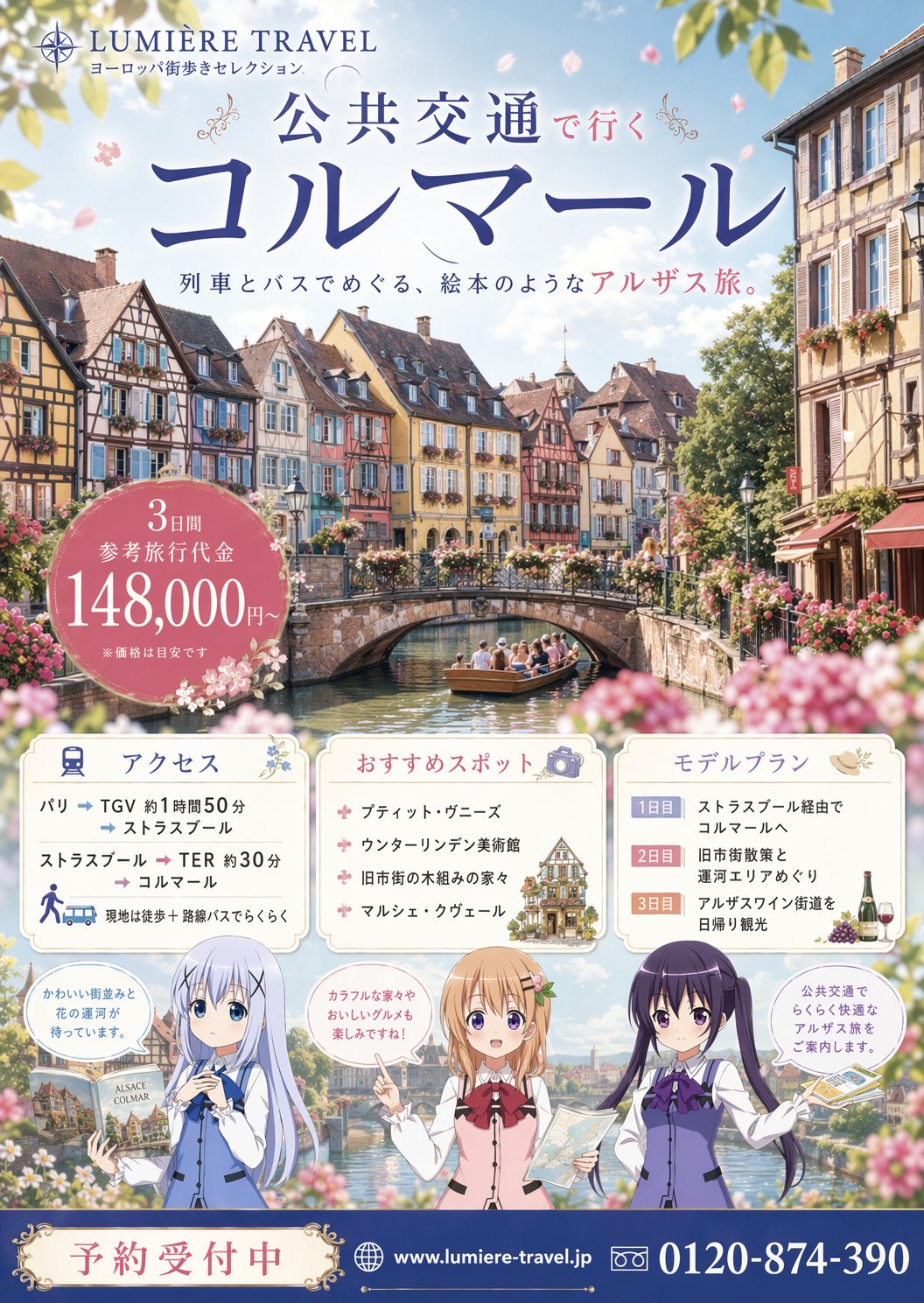 TGV/TERで行くコルマール旅行パックの販促ポスター AI image prompt example