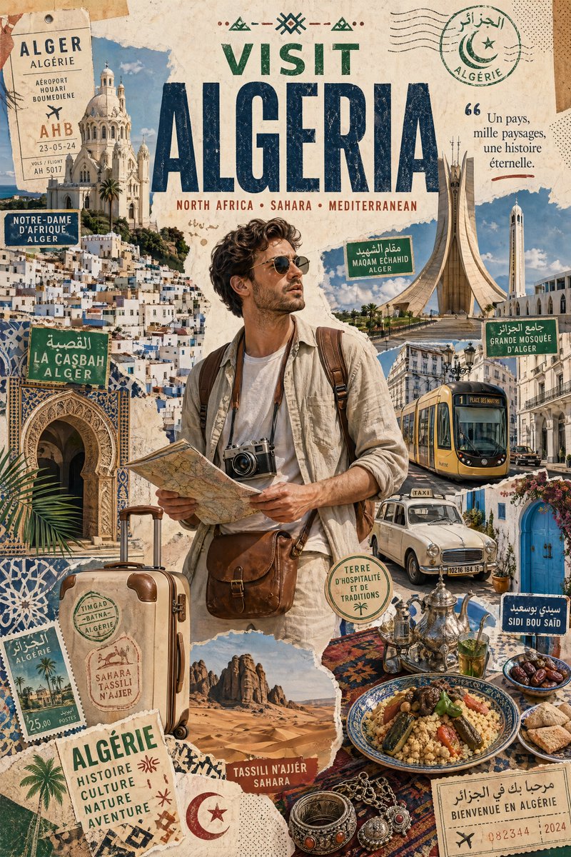 Algeria travel poster collage: GPT Image 2 prompt AI image prompt result