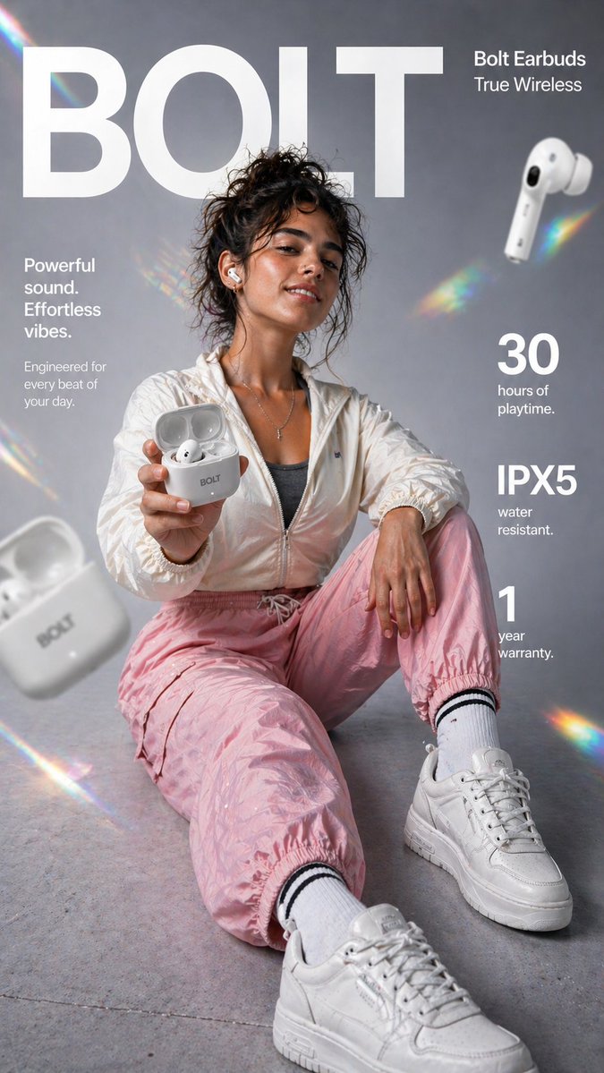 Bolt earbuds 9:16 product ad: GPT Image 2 prompt AI image prompt result