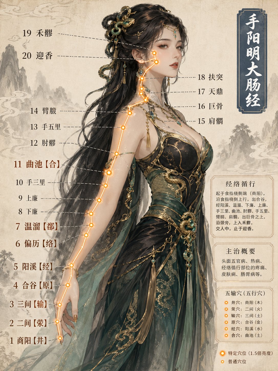 中医经脉穴位动漫插画 AI image prompt example