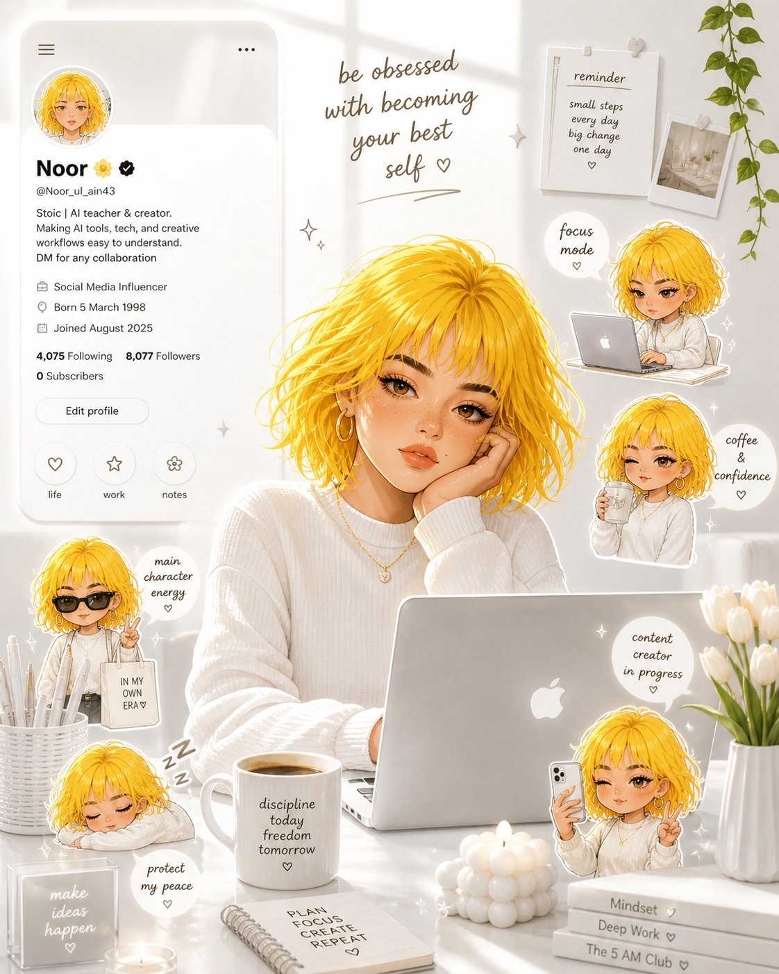 Yellow-haired creator desk illustration: GPT Image 2 prompt AI image prompt result