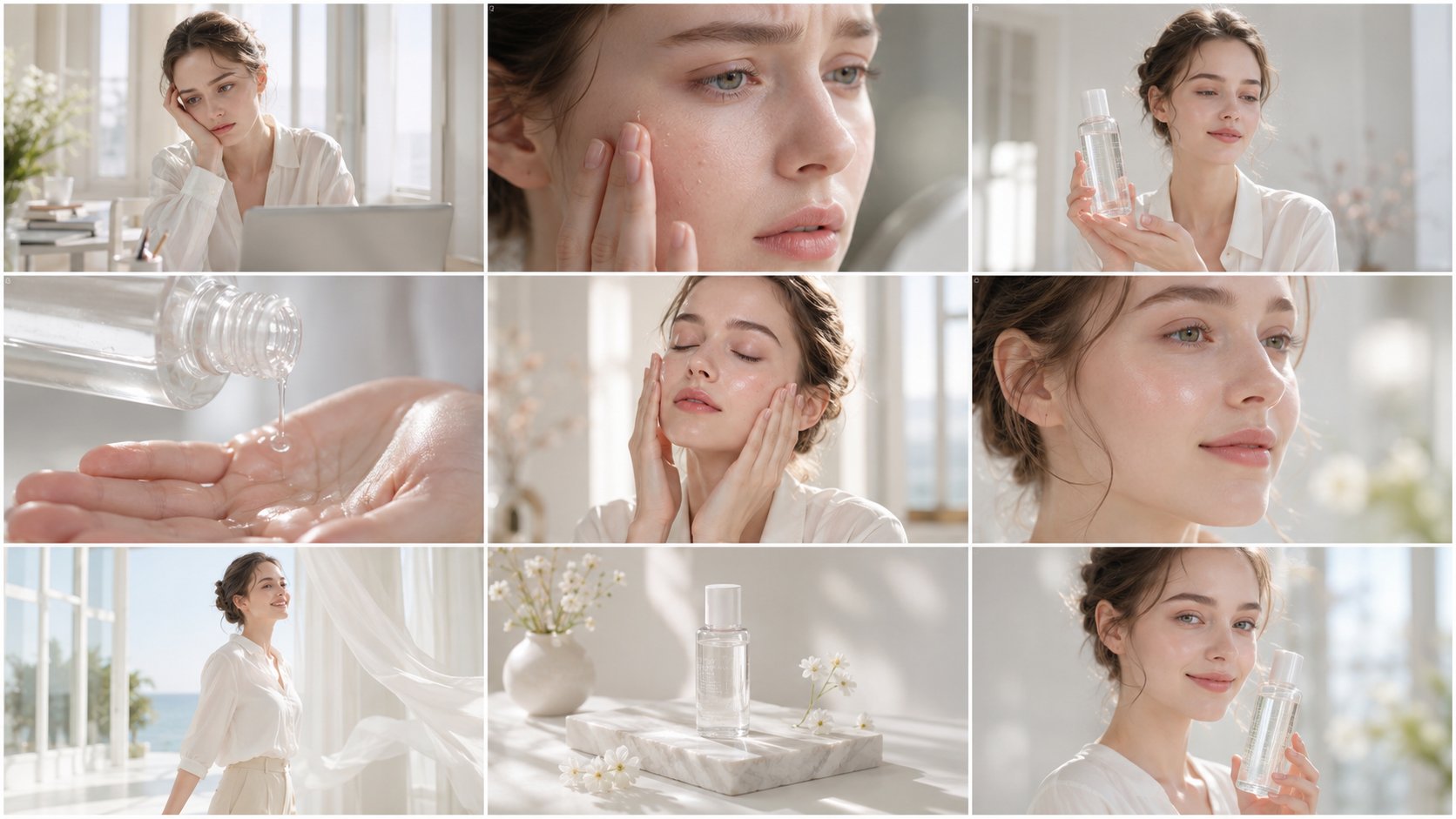 9-panel skincare commercial storyboard: GPT Image 2 prompt AI image prompt result