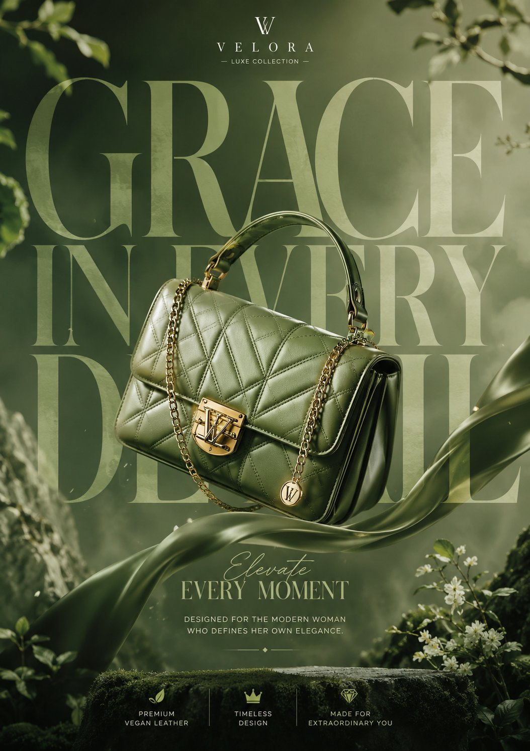 Floating green luxury handbag ad poster: GPT Image 2 prompt AI image prompt result