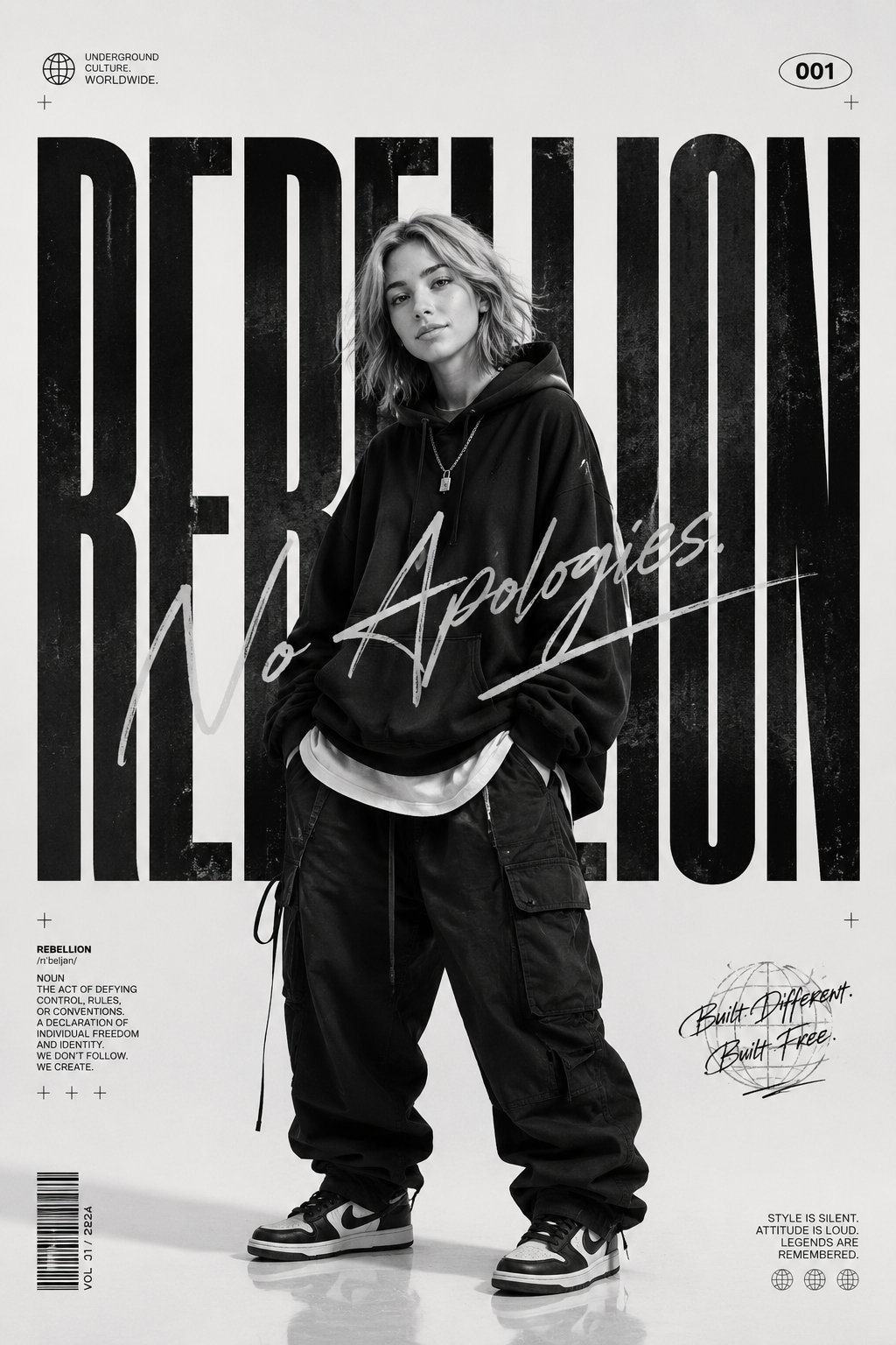 Monochrome streetwear editorial poster portrait: GPT Image 2 prompt AI image prompt result